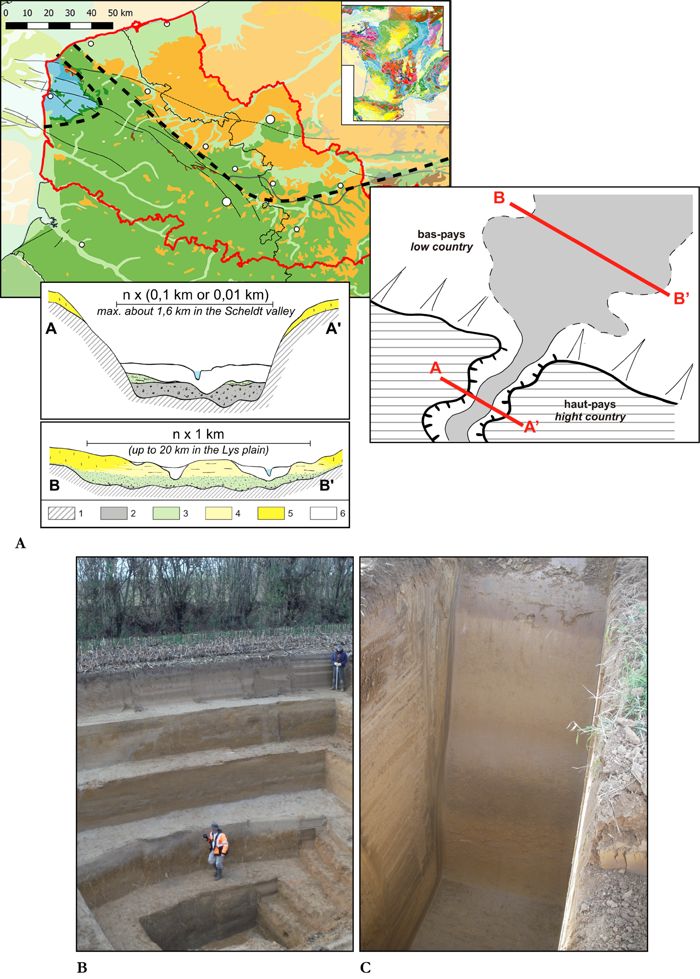 Contexte géomorphologique du Nord-Pas-de-Calais. A. Systèmes morphostratigraphiques : Deschodt 2019, 2021 ; B-C. Séquences de loess et paléosols : B : Gillet et al. 2016 ; C : Feray et al. 2012 (cl. L. Deschodt © Inrap).