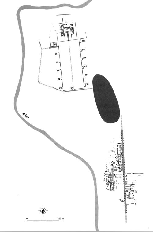 Le site de Bliesbruck-Rheinheim. Carte d’après Sărățeanu, Müller 2011 (note 6), 
p. 301-315, fig. 1). La zone grisée entre la villa et l’agglomération représente les nécropoles.
