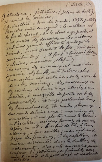 c. et d. Extraits d’un carnet d’Adrien de Mortillet évoquant des comportements magico-religieux en Sicile – Notes de voyage en Italie (Nachlaß Mortillet D 111).