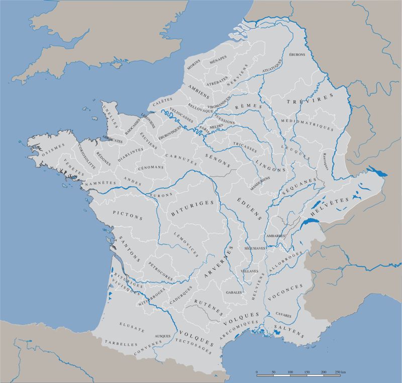 Carte des peuples gaulois à la fin de l’âge du Fer (d’après une carte de S. Fichtl, complétée par Réjane Roure pour la partie sud).
