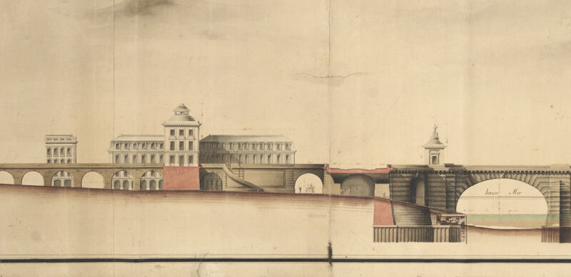 Détail de l’arrivée du pont en rive gauche, élévation du projet de pont de pierre à Bordeaux par Jean-Montain-André Le Ragois de Saint-André, 1771 (Archives de Bordeaux Métropole, Bordeaux, IX R 138).
