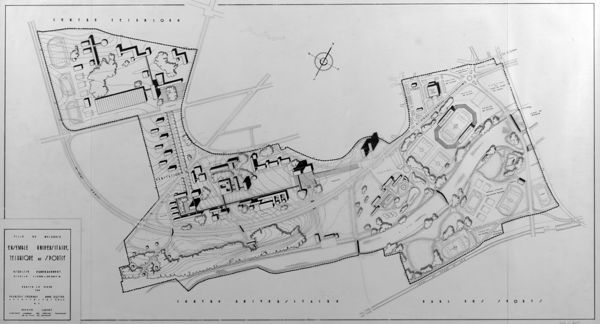 Fig. 5. Ensemble universitaire, technique et sportif, seconde esquisse d’aménagement. François Spoerry et René Rotter architectes, avec Maurice Loudet, directeur général des Services techniques de la Ville de Mulhouse, mai 1958 (AA - Site de Colmar, 260J-105).