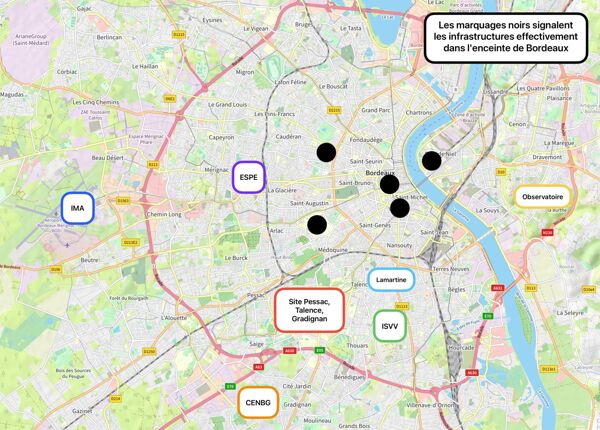 Fig. 2. Carte d’implantation, université de Bordeaux (2024) : les « campus périphériques » (fond de carte OpenStreetMap ; ajouts, Alexandre Frambéry-Iacobone, février 2024).
