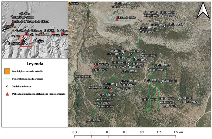 Mapa con la localización de los yacimientos de Barranco Fuente del Castaño, El Chimeneón y Campo de Marte 
y la ubicación de los indicios mineros y filones del paraje de Cerro de la Mina-Campo de Marte (J. Abellán Santisteban).