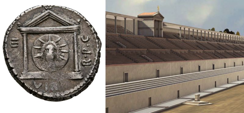 Il Tempio del Sole raffigurato su un denario di Marco Antonio