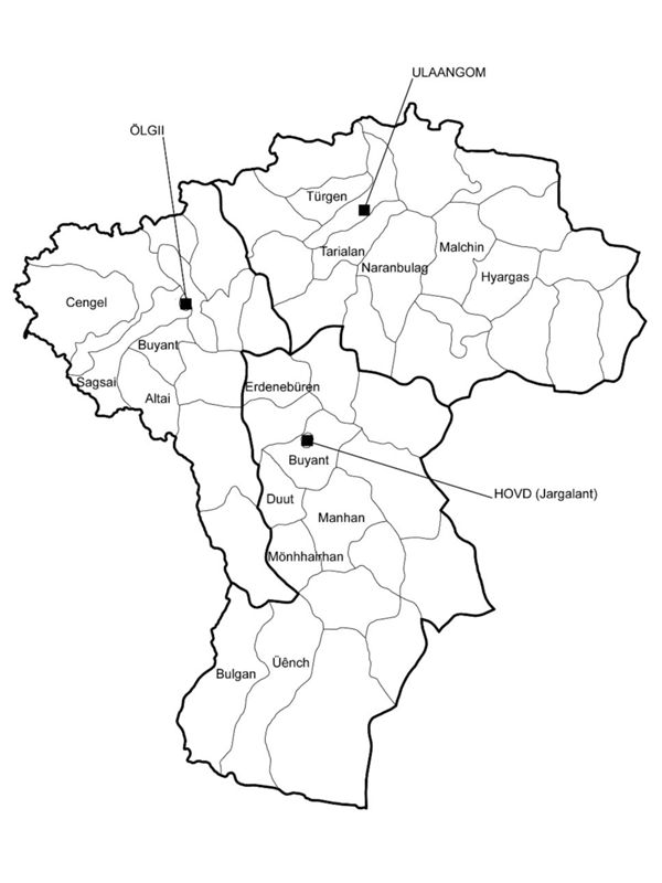 Localisation des lieux de l’enquête : districts des trois provinces occidentales de Bayan-Ölgii, Hovd et Uvs. © M. Alaux et R. Blanchier.