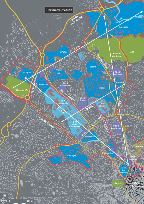 Fig. 4. Emprises hospitalo-universitaires dans le nord du territoire communal (Ville de Montpellier, étude urbaine, groupement Garcia-Diaz, L. Viala et al. 2008).