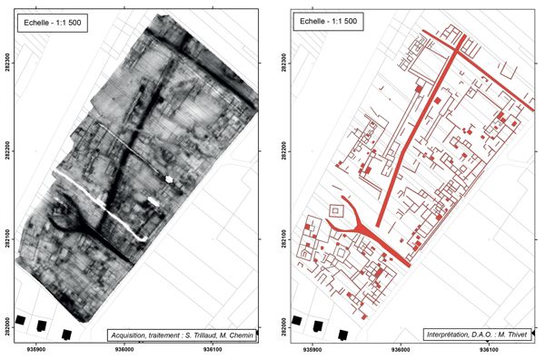 Mandeure (25) “Champs des Combottes” : schéma d’interprétation de la carte de prospection électrique ARP (dispositif 1m), prospection Geocarta 2007 (d’après Thivet 2008).
