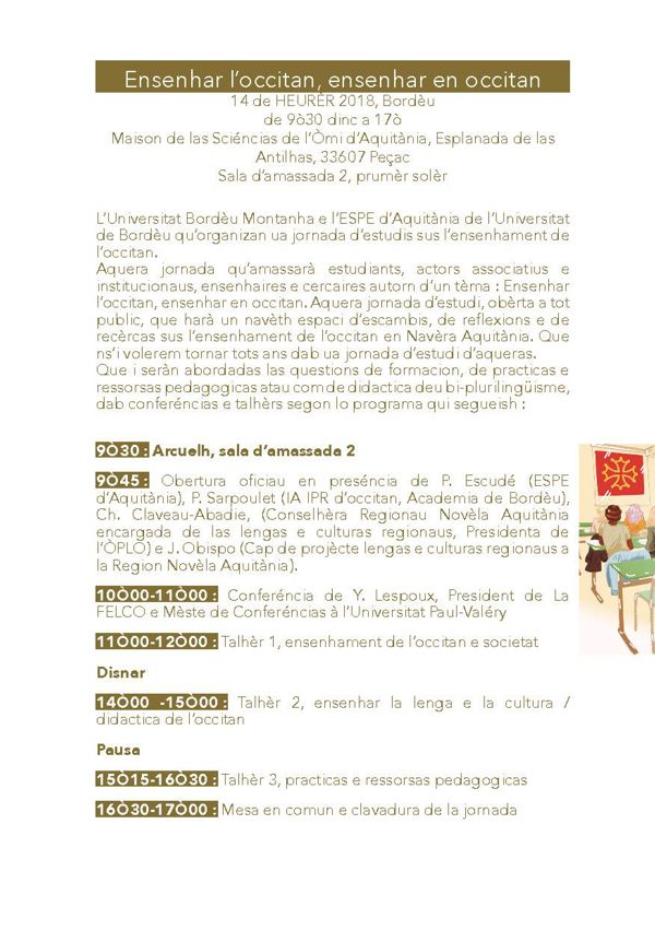 Ensenhar, promòver e difusar l’occitan 
Enseigner, promouvoir et diffuser l’occitan
Affiche et programme de la journée d’étude du 14 février 2018