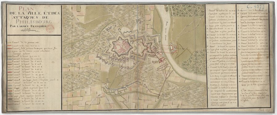 Plan des attaques de la ville fortifiée de Philipsbourg en 1734 (Bnf, GE C 4377). 
