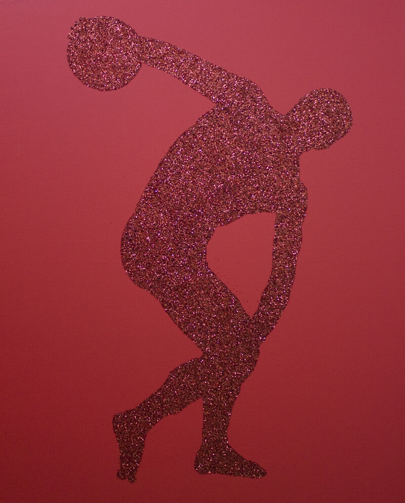 Pascal Lièvre, Discobolus, 2010, paillettes rouges et or collées sur toile acrylique rouge, 100 x 80 cm, Collection de l’artiste. © Avec l’aimable autorisation de l’artiste.


