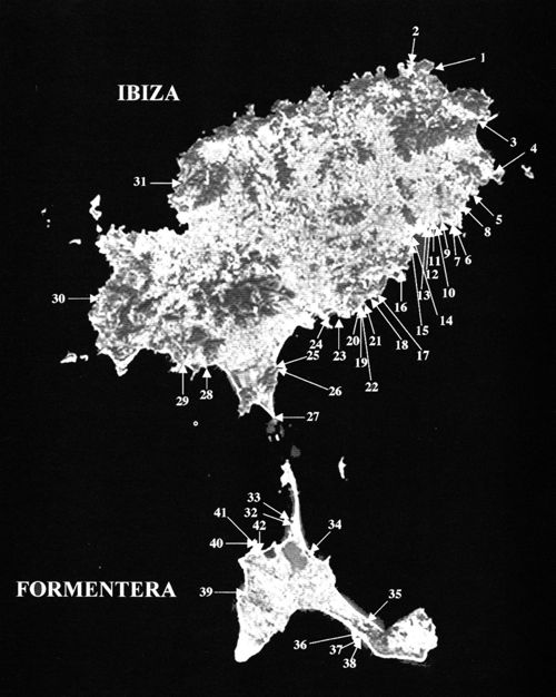 Baléares, localisation des sites où des débris de coquilles de murex ont été mis au jour (Costa Riba & Sergi Moreno 2004, 177).