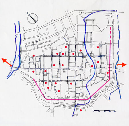 Planimetria di Rimini romana con i siti esaminati.