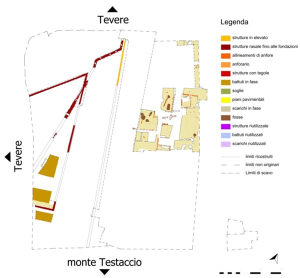 Nuovo Mercato Testaccio. Pianta dei livelli primo-imperiali: 
1) prima fase; 2) seconda fase (Soprintendenza 
Speciale Archeologia Belle Arti e Paesaggio di Roma).