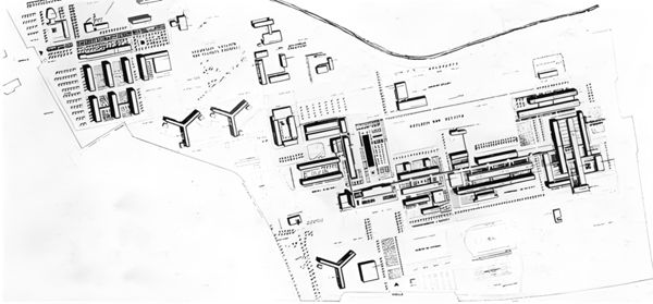 Fig. 1. Plan d'une partie du campus de Rangueil (plan masse du campus de Toulouse Rangueil, L’Architecture Française, Constructions Scolaires Enseignement Supérieur, 275-276, juillet août 1965, p. 77).