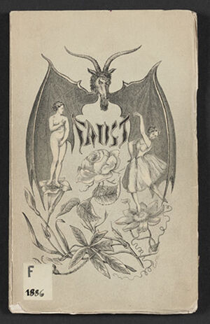 Diable personnifié en chauve-souris avec une tête de bouc, surplombant deux femmes : l'une nue, l'autre danse.