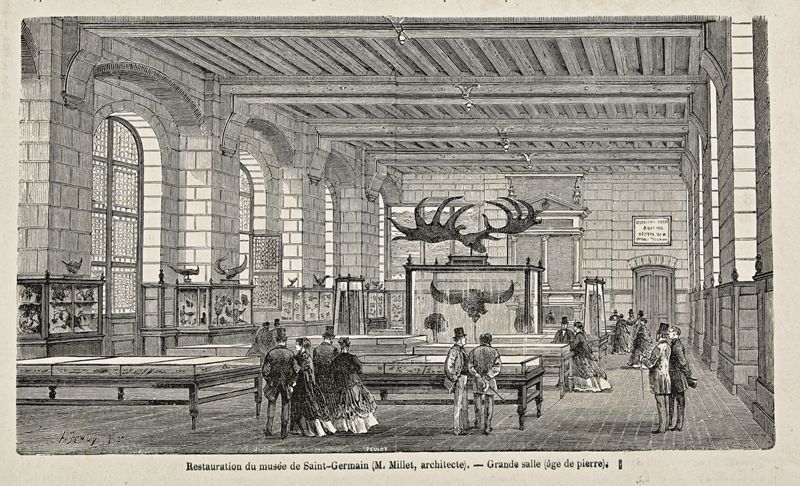 Musée gallo-romain. Salle de la pierre taillée. Gravure de Jules-Antoine Peulot d’après un dessin d’Auguste Deroy, tirée de la revue Le Monde illustré du 11 janvier 1868. MAN, centre des archives.