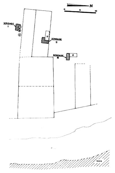 Délos, le site 1 : croquis de situation des installations et des sondages (Bruneau 1969, 768).