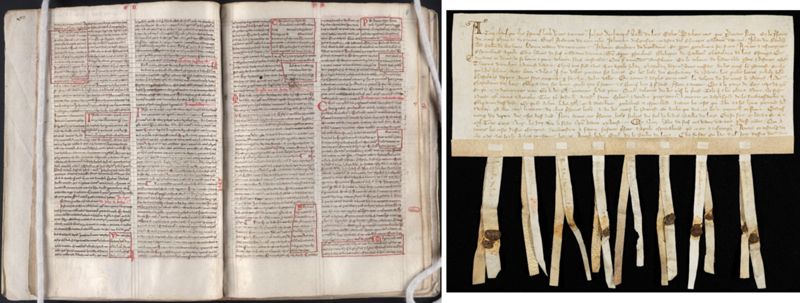 À gauche : Pierre Le Mangeur, Historia Scholastica, ca. 1225-1300, Yale, Beinecke Ms. 520, fol. 7v-8r ; à droite : Lettre du châtelain de Lens, notifiée par le bailli de Lens, 15 août 1308, AD Pas-de-Calais, A 54/15. Photo AD Pas-de-Calais.