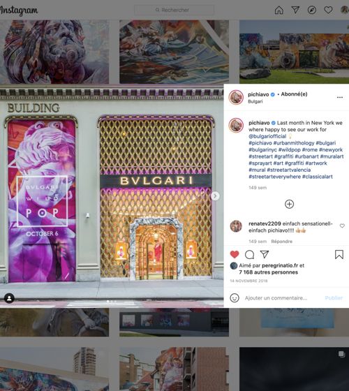 PichiAvo annonçant sur Instagram 
son partenariat avec la marque Bulgari en 
novembre 2018, consulté le 18/05/2021.
