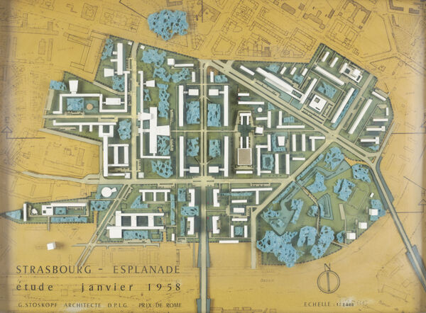Fig. 6. Maquette d’étude du quartier de l’Esplanade (janvier 1958).C.-G. Stoskopf architecte (Archives d’Alsace-Site de Strasbourg, fonds Stoskopf, 60J61).