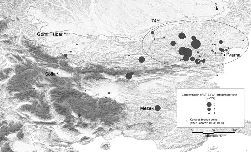  Distribution map of La Tène B2 – C1 artefacts discovered in Bulgaria as at January 2010. The majority (n=242 or 73 %) are concentrated in north-eastern Bulgaria in the same area as are the largest concentration of Kavaros bronze coins (illustration J. Anastassov).