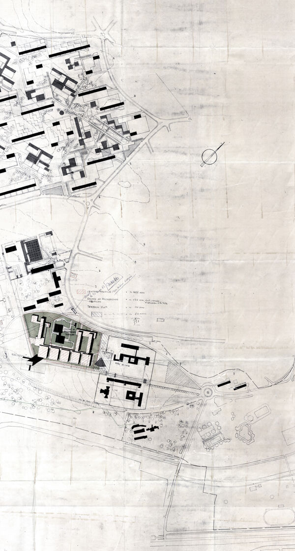 Fig. 10. Extrait du plan d’ensemble de la ZUP, particulièrement le Centre de recherches textiles conçu par Marcel Lods, février 1963 (AAM, 1150 W 118).