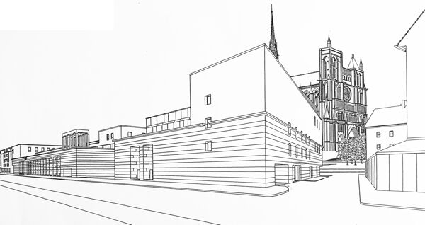 Fig. 8. Francesco Venezia, perspective du pôle Cathédrale (droit et sciences politiques) depuis la rue Vanmarcke, 1993 (Archives municipales et communales d’Amiens).