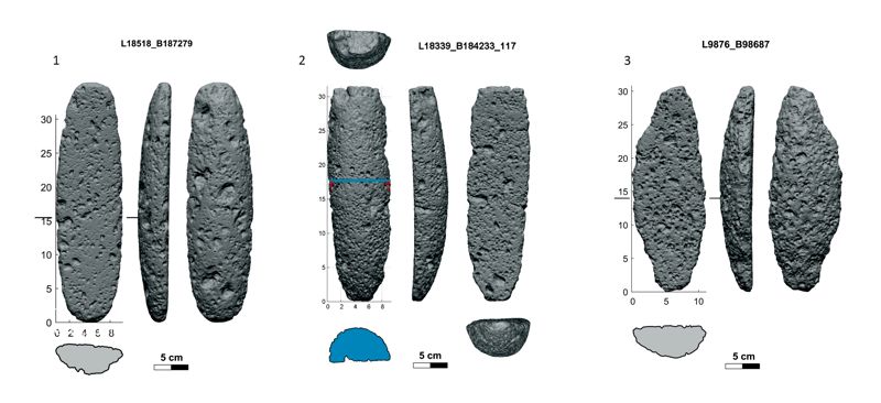 Grinding Slabs from Tel Dor, Area G: 1. Slab, loaf, symmetric, feldspar basalt (Appendix A: B187279); 2. Grinding slab, loaf, asymmetric, vesicular basalt (Appendix A: B184233); 3. Grinding stone, wide loaf-shaped, asymmetric, vesicular basalt (Appendix A: B98687).