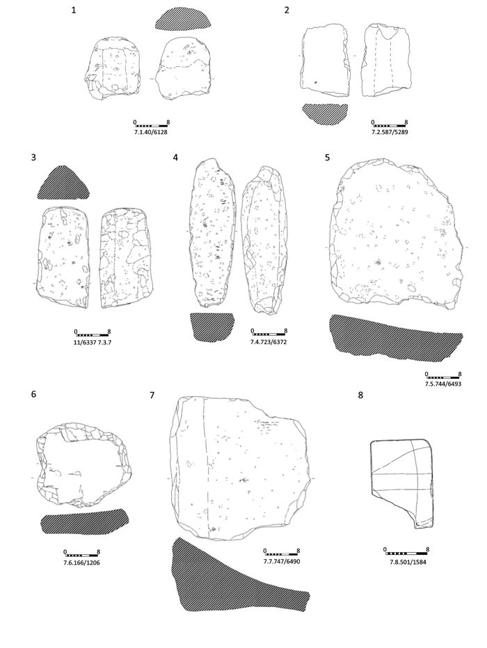 Querns from Ein Gev: 1. Small, oval handstone, reused of unidentified quern’s fragment (Appendix A: B6128); 2. Asymmetric l loaf-shaped slab (Appendix A: B5289); 3. Asymmetric loaf-shaped handstone (Appendix A: B6337); 4. Trapezoidal loaf-shaped slab (Appendix A: B6372); 5. Oval grinding slab,
reused as a slab (Appendix A: B6493); 6. Oval grinding slab (Appendix A: B1206); 7. Grinding slab (Appendix A: B1216); 8. Grooved handstone, trapezoidal shape (Appendix A: B1320).