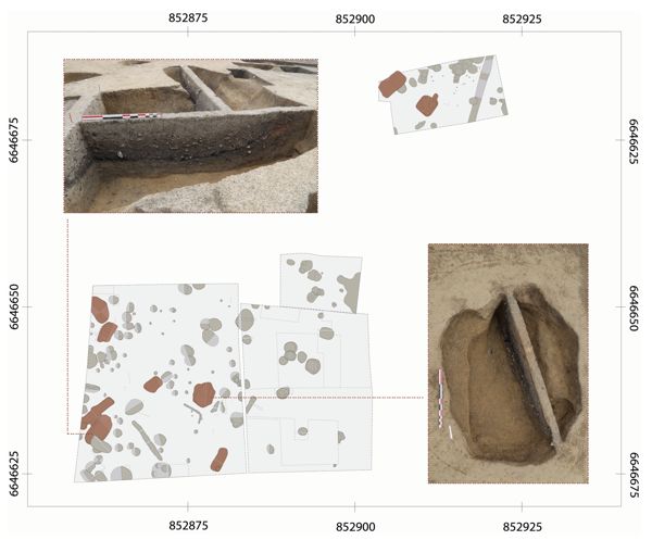 Verdun-sur-le-Doubs (71) “le Petit Chauvort” : plan de localisation des bâtiments semi-excavés identifiés à l’occasion des campagnes de fouilles 1996, 1997, 2019 et 2021 (CAO. E. Hamon).
