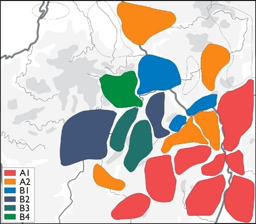 Cluster analysis of jewellery/dress accessories of the Hunsrück-Eifel culture (after Nakoinz 2005, fig. 7.2.3. The colours indicate culturally similar areas).