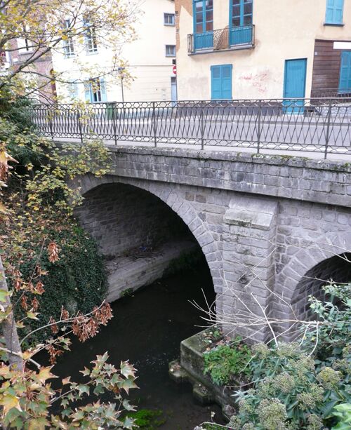 Photographie du pont du Bassin, construit en aval des moulins 
Passe-avant et Passe-Arrière, XXIe siècle (cliché C. Cloquier).
