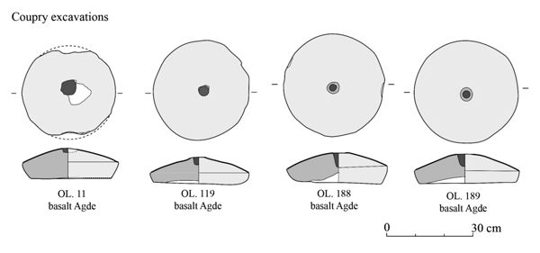 Rotary quern metae from the Coupry excavations (11, 119, 188 and 189) (Jaccottey & Cousseran-Néré 2017).
