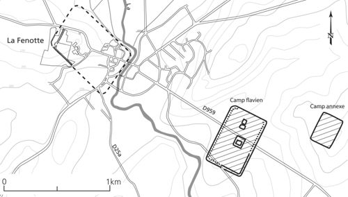 Position de l’enceinte de La Fenotte par rapport au camp flavien. 
D’après Venault 2006 (note 8).
