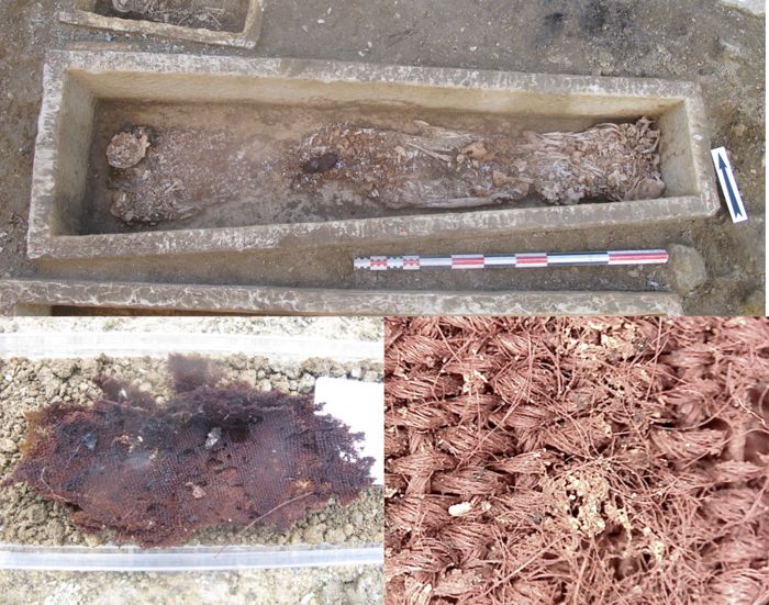 Fabrics preserved in an organic state (three tabby with dominant warp superimposed, dyed in red or purple, ovicaprine wool fibres) discovered at the basin area, in grave 38 of the site rue du Prieuré, Muron (17)