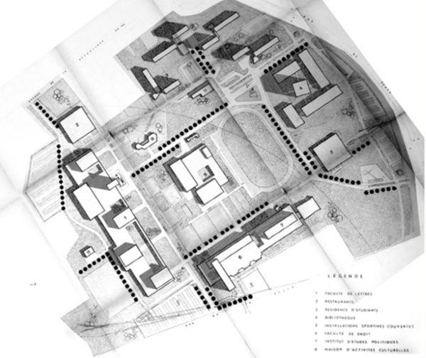Fig. 3. Plan masse de l’université, Axonométrie, vue de dessus, 1963 (Archives de l’Université, fonds Patrimoine).
