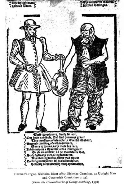 Nicholas Blunt, Upright Man, also disguised as a counterfeit crank, from The Groundwork of Coney Catching, 1592 © British Museum, 95, b. 19.