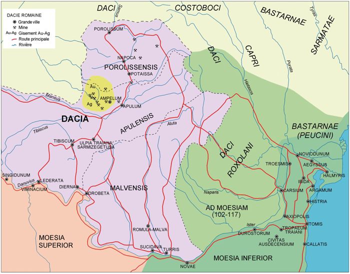 Plan de travaux miniers à ciel ouvert romains du massif de Cetate (d’après Sântimbrean & Wollmann 1974).