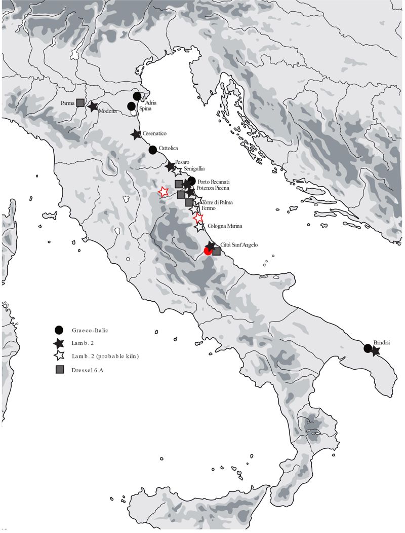 Fornaci di anfore vinarie adriatiche nella penisola italica (da Carre et al. 2014), 
con aggiornamento in rosso (Lucilla D’Alessandro 2023).
