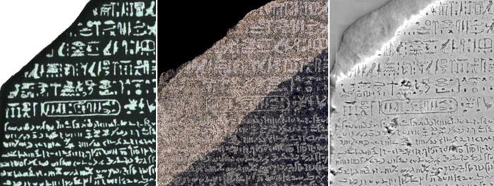 Visual comparison of the depth map of our digital squeeze with publicly available photographs of the Rosetta Stone. Left: Part of the image from Wikipedia/Wikimedia Commons. Middle: Part of the photograph from the British Museum. Right: The depth map produced from our SFS tool (Amin et al. 2018).