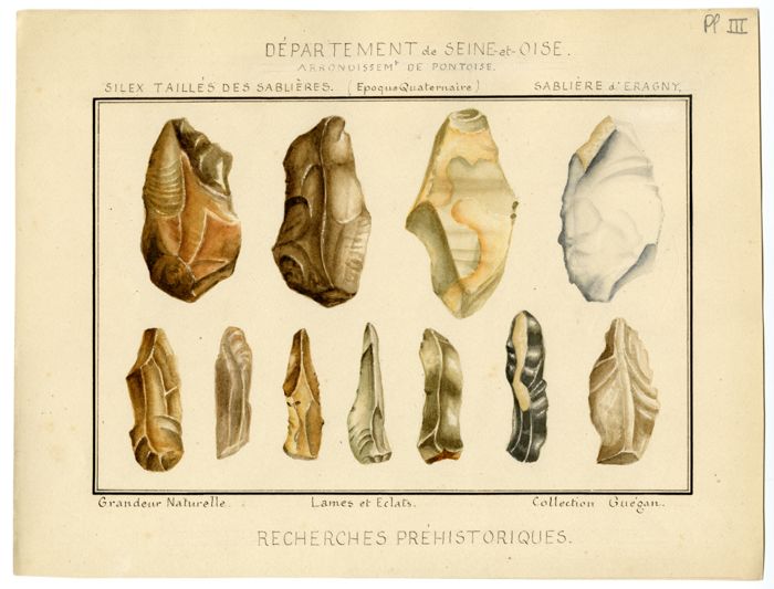 Guégan, P. (s.d.) : Silex taillés des sablières d’Éragny, planche de dessins à l’aquarelle. MAN, centre des archives, fonds Paul Guégan, 2019004/7, fasc. Eragny.