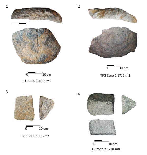 Turó de la Font de la Canya: 1. Overlapping upper stone from the First Iron Age; 2. Overlapping upper stone with quadrangular grips from the Early Iberian period;
3-4. Upper stones with triangular sections from the Early Iberian period (photo: Daniel López Reyes).