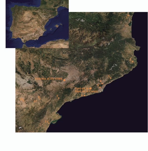 View of the northeast of the Iberian Peninsula with the position of the sites cited in the text: 1. Pech Maho (Sigean, Aude); 2. Puig de Sant Andreu (Ullastret, Baix Empordà); 3. Turó del Vent (Llinars del Vallès, Vallès Oriental); 4.  Ca n’Oliver (Cerdanyola del Vallès, Vallès Occidental); 5. Penya del Moro (Sant Just Desvern, Baix Llobregat); 6. Ciutadella de Calafell (Calafell, Baix Penedés); 7. Barranc de Gàfols (Ginestar, Ribera d’Ebre); 8. Tossal del Moro (Pinyeres, Batea); 9. Sant Cristòfol and Les Escudines Altes (Massalió, Matarranya); 10. Taratrato (Alcanyís, Baix Aragó); 11. Moleta del Remei (Alcanar, Montsià).