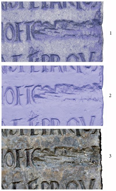 Elaborazioni del modello 3D: 1. Mesh o modello a filo di ferro; 2. Modello solido; 3. Modello ombreggiato.