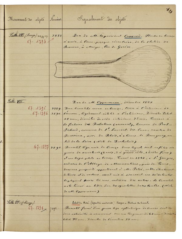 Registre des entrées des collections du musée, tome 2, 1867. MAN, centre des archives.