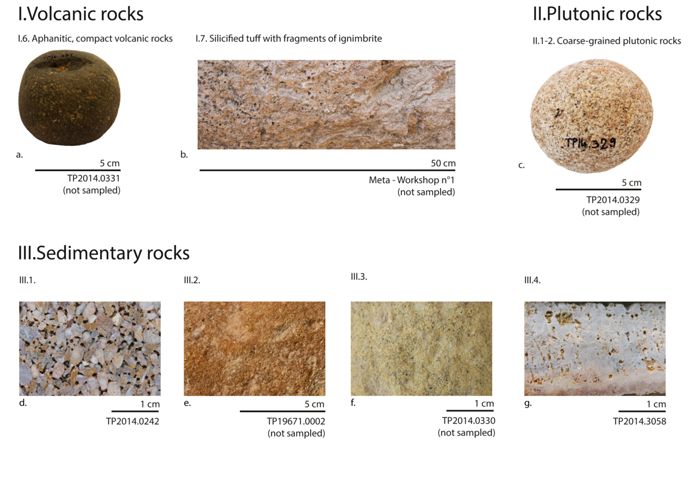 Raw materials: volcanic, plutonic and sedimentary rocks (sampled and not sampled) (S. Duchène).
