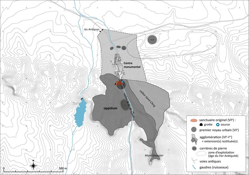 Plan de situation des vestiges de Glanum (cartographie B. Girard d’après les données de Provost 1999, Roth-Congès 2004, Roth-Congès 2012).