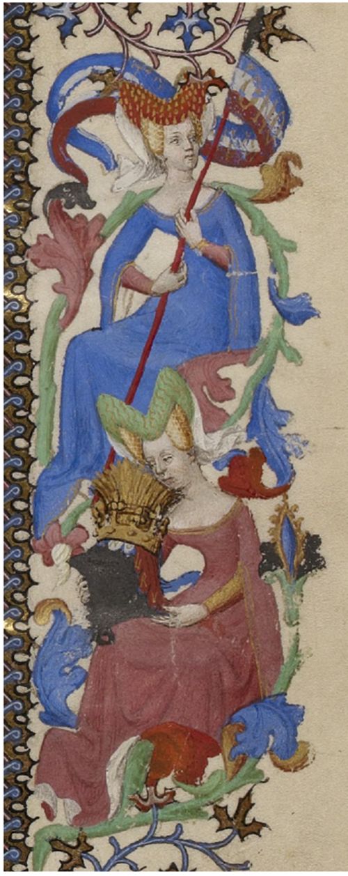 Étendard et cimier de Jacques d’Armagnac, duc de Nemours (Flavius Joseph, Les antiquités judaïques, Paris, BnF, Ms. Fr. 247, fol. 3, vers 1470).