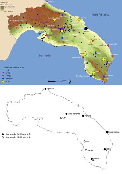 Puglia meridionale nel IV- III secolo a.C.: mappa degli insediamenti e rinvenimenti di fornaci per ceramica fine (rielaborazione da Web-GIS degli insediamenti, Laboratorio di Informatica per l’Archeologia, Università del Salento).